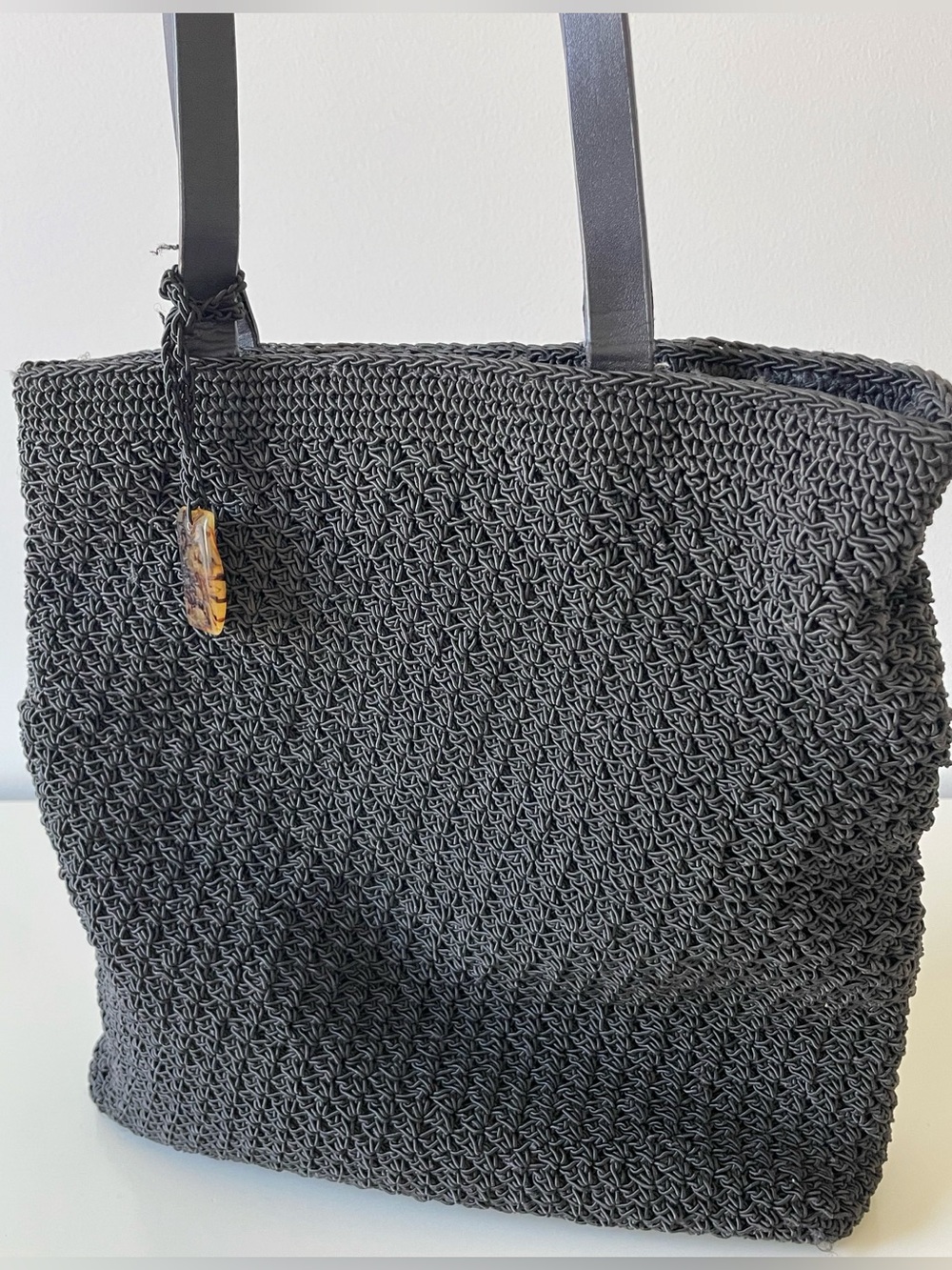 Liz Claiborne Black Woven Crochet Summer Bag with Pink Lining & Leather Straps